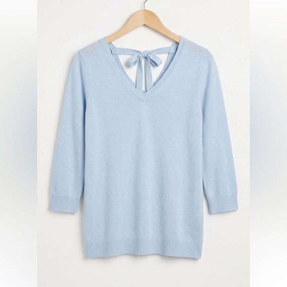 Talbots Sweaters - Talbots Pima Cotton Powder Blue V-Neck 3/4 Sleeves Sweater With Bow Detail Back